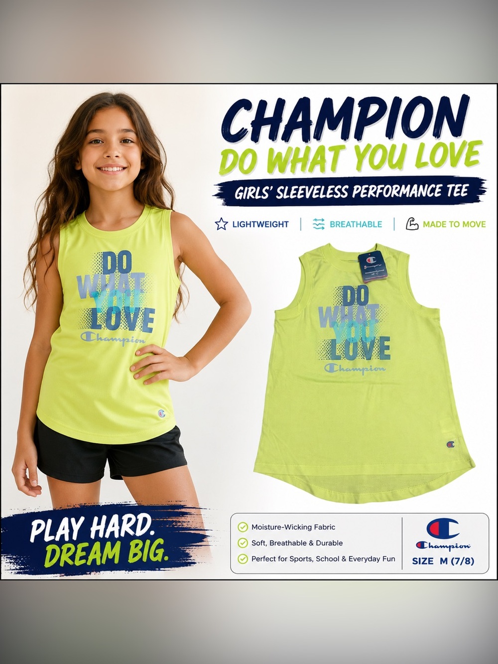 Champion Girls' Sleeveless Tank - Neon Lime with Blue Graphic